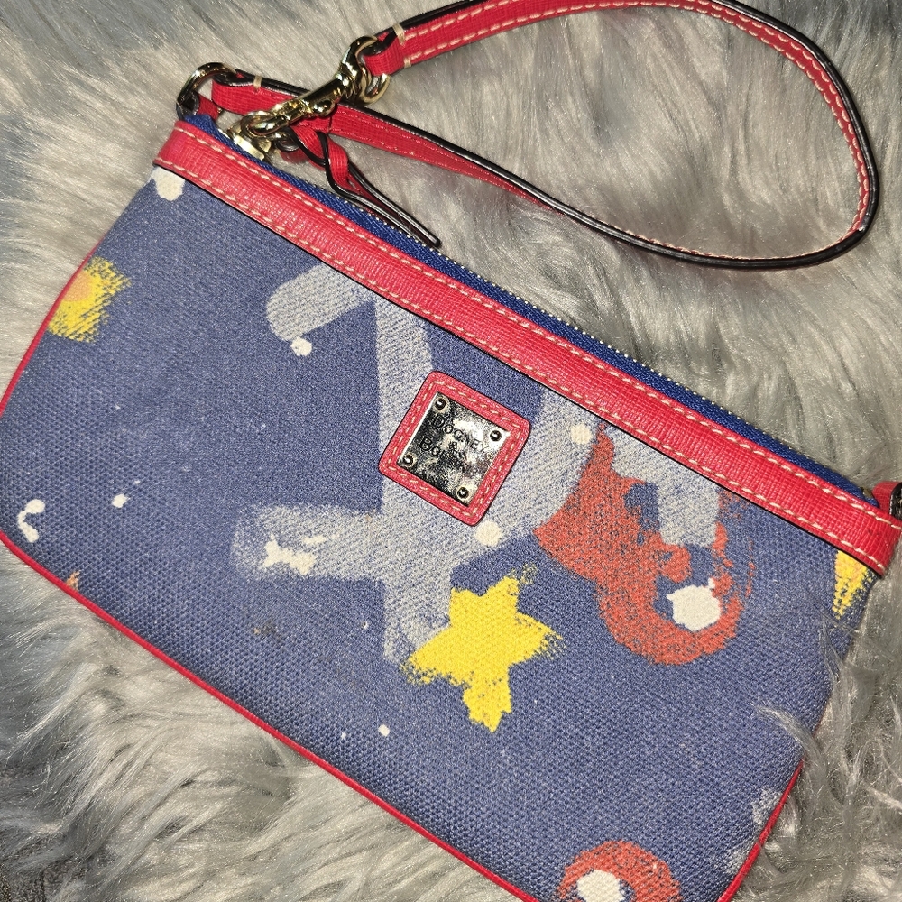 Y2K Dooney & Bourke Multicolor Abstract Denim Canvas Wristlet